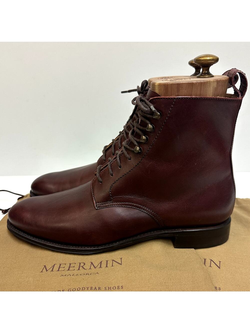 EXCLLENT Meermin Mallorca Burgundy Calf Plain Toe Derby Boots UK 7.5 US 8.5 D